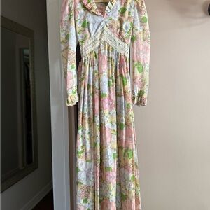 Authentic Original Vintage Floral Maxi Dress - Pink,‎ Green, White
